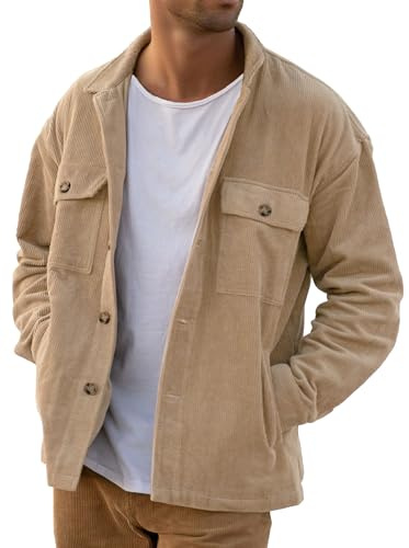 PLEPAN Mens Corduroy Shacket Button Down Work Jackets Lightweight Casual Long Sleeve Shirt Jacket Fall Overshirt with Pockets Khaki Small