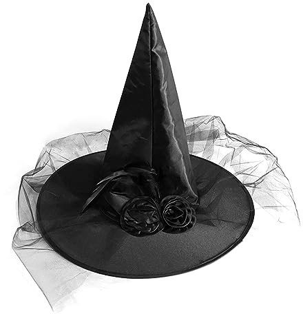 Feiyayi Halloween Hexenhut Damen mit Satin Blumen Federn und Schleier,Schwarzer Hexenhüte Breiter Krempe Spitzer Hexen Hut für Frauen Mädchen Halloween Party Cosplay Kostüm Zubehör (Schwarze)