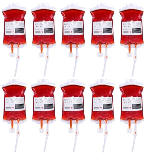 10 Stück Halloween Blutbeutel zum Trinken, 350 ml Blutbeutel zum Befüllen | Blutart Aufkleber für Halloween Zombie, Getränkebehälter mit Spritze Clips, Für Cosplay Kostüm Requisit Party