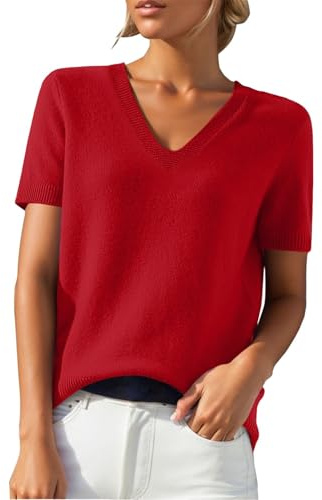 PODOLIXIA Jersey de manga corta para mujer, cuello de pico, de punto, monocolor, manga corta, jersey de punto fino, suave, respetuoso con la piel, para verano, suéter para mujer