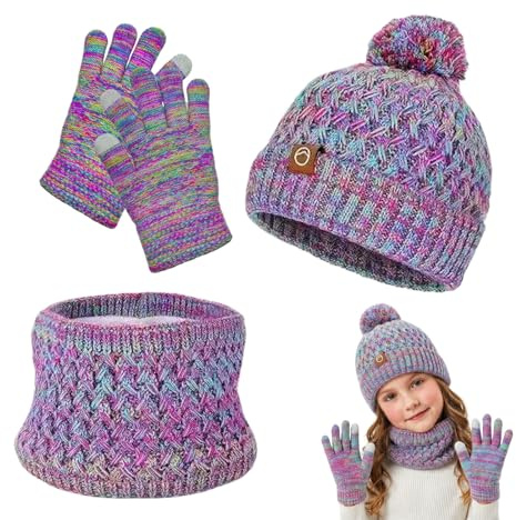 Kids Winter Hat Scarf Gloves Set, 3 in 1 Kids Warm Knitted Wool Hat, Soft Padded Lining, Suitable for Girls and Boys Christmas Surprise, Birthday Gift, Suitable for 4-10 Years Old (Purple