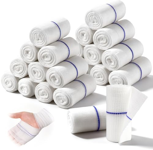 Gauze Bandages Roll 24 First Aid Conforming Bandage with Blue Line for Dressing All Types of Wounds and Pet Care Individually Wrapped