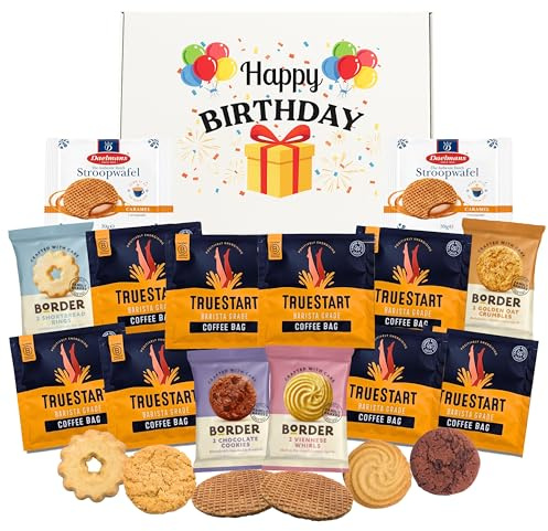 Coffee and Biscuits Gift Set - Coffee, Stroopwafels & Biscuits | Happy Birthday hamper including TrueStart coffee, Stroopwafels & biscuits - a ready-to-gift coffee gift for women and men