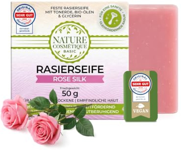 Nature Cosmétique® Basic Savon à raser Rose Silk (floral, sucré) 90 g – Mousse à raser douce pour homme et femme – Parfum de rose – Végétalien, solide, sans plastique, extra nourrissant – Peaux