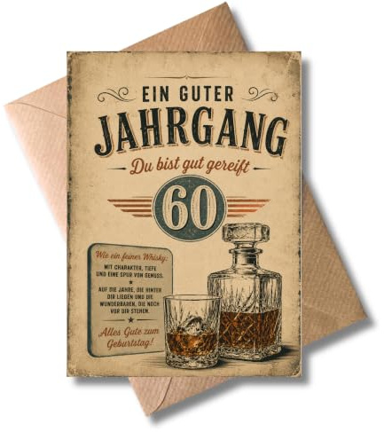 WBdesignz 60 Jahre Whisky Geburtstagskarte mit Umschlag - Vintage Karte zum 60. Geburtstag - Ein guter Jahrgang Du bist gut gereift - Lustiger Glückwunsch Whisky-Liebhaber Männer Papa Opa (DIN A6)