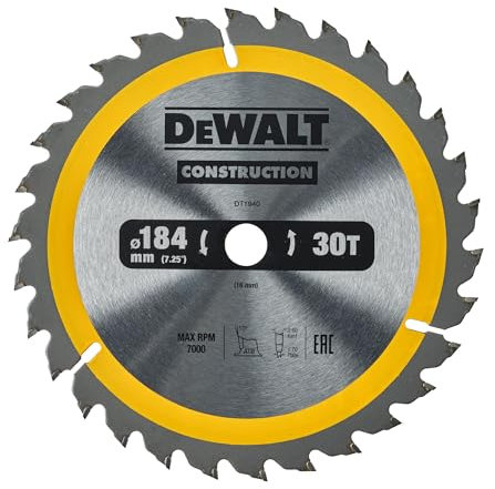 DEWALT Lame de Scie Circulaire Portative Construction, 184x16mm, 30 dents DT1940-QZ