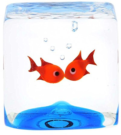 Murano Glas Aquarium Würfel mit zwei Goldfischen - 1-1/4 Zoll