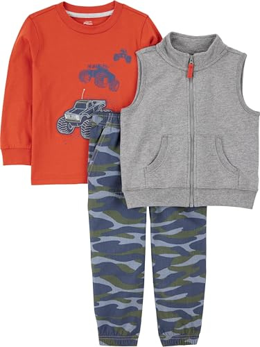 Simple Joys by Carter's Conjunto de 3 Piezas para Jugar con Chaleco de Felpa, Camisa de Manga Larga y Pantalón de Punto Niño Pequeño, Azul Marino Camuflaje/Gris Mezcla/Naranja Camiones, 3 años