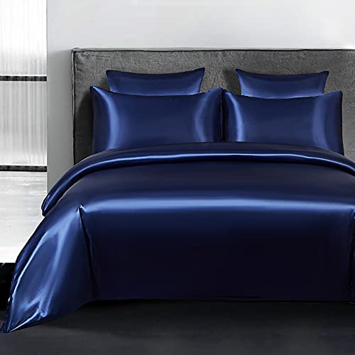 Satin Bettwäsche 200x200 Glänzend Seidig Bettbezug 2 Kissenbezug 80x80 Blau | Oeko tex, Glatt, Luxus, Sommerbettwäsche, Polyester, Reißverschluss, Doppelbett