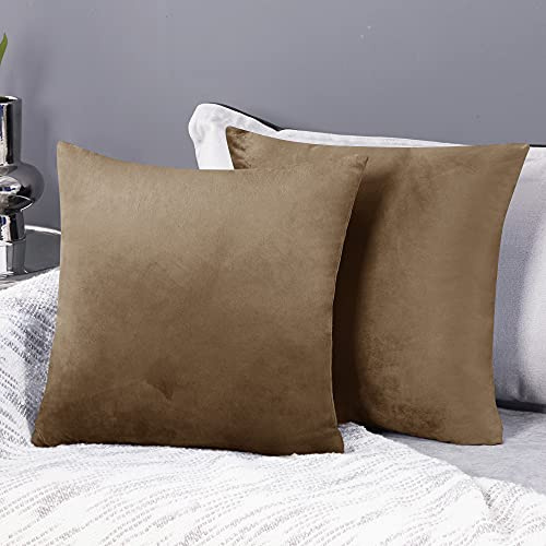 Deconovo Pack of 2 Super Soft Large Crushed Velvet Cushion Covers 65cm x 65cm 26x26 Inches Throw Pillow Cases Square Cushion Covers for Bedroom with Invisible Zipper Tobacco Brown 2 Pieces