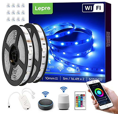 Lepro LED Strip Alexa 10M, 2x5M, RGB Dimmbar 300 LEDs, LED Streifen Wifi, Wlan LED Band,Selbstklebend Superhell Lichtband Lichterkette Stripes mit Fernbedienung, Kompatibel mit Alexa,Google Home