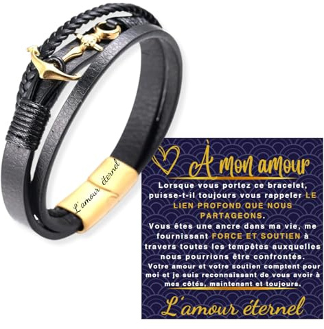 Halukakah Geschenk für Männer Geburtstag Weihnachten:24k Vergoldet Titan Anker Lederarmband 21,5cm.L'amour éternel Graviert,mit Einer Schönen Nachricht Karte und Geschenkbox,für Ehemann Vater Freund