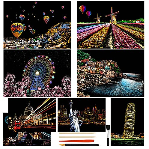 Heyu-Lotus 8 fogli di carta da grattare arcobaleno per schizzi e schizzi, serie città, arte notturna, per adulti e bambini, con 5 strumenti