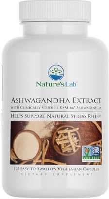 Nature's Lab Extra Strength Ashwagandha KSM 66 Extract - 5% Withanolides, Pure Organic Ashwagandha Root Powder - Supports Stress Relief, Focus and Strength Support* - 120 Ct (60 Day Supply)