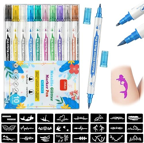 AOMIG Markierungen Stifte Kinder, 10 x Tatoostift mit 1 Schablonen 24 Muster, Temporäre Tattoo Gelstifte Set für Kinder Erwachsene Fasching Halloween Party Verkleiden Geschenk