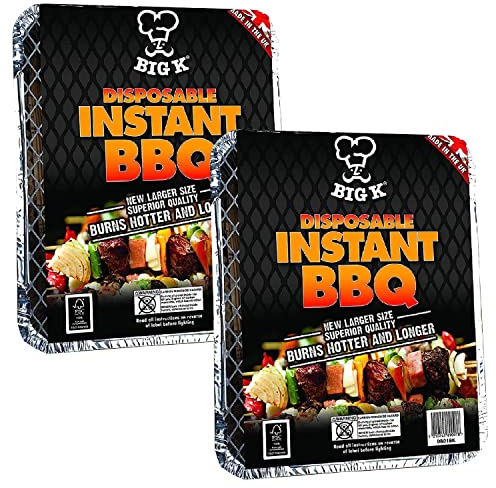Big K Disposable Instant BBQ Tray - Pack of 2 All In One Barbecue Instant Light Charcoal Grill Trays with Topline Card. Ideal for Garden BBQs, Camping, Outdoor Parties and Picnics.