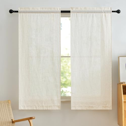 PONY DANCE Cortinas Dormitorio Cortas 60x120cm Cortinas de Lino Visillos Cortos para Ventanas Cortinas Translucidas 2 Piezas Cortina Cocina Ventana, Crema