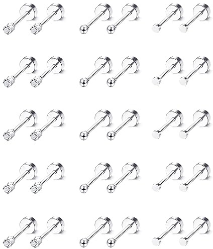 Adramata Pendientes de Tuerca Pequeños para Hombre Mujer, Acero Inoxidable Pendientes Aro Aretes Circonita Cúbica Conjunto, Cartílago Pendientes Hipoalergénicos Piercing Oreja Joyería, 20G,AS