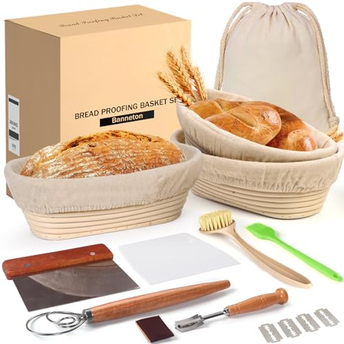 Banneton Bread Proofing Basket Set, 11 Inch Sourdough Proofing Basket and Bread Baking Supplies-Bread Lame, Danish Whisk, Bowl & Dough Scraper, Brush, (Plastic, 9in Oval + 10in Oval+11in)