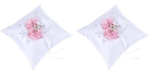 PRETYZOOM Wedding Ring Bearer Pillow 7.9 Inch Soft Satin Cushion with Pearl Flower Decoration Compact Lightweight Ring Pillow with Back Strap for Ceremony