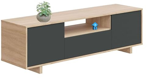 Miroytengo Zaira Fernsehtisch für Esszimmer, Wohnzimmer, mit 3 Türen, Grau und Eiche, 150 cm