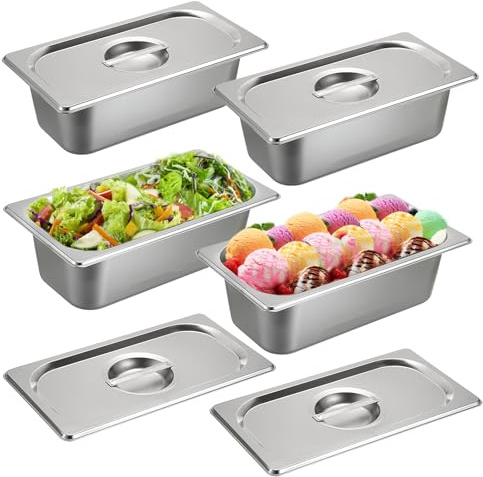 BSTKEY 4 Pack 1/3 Size 3-5/8 Depth Hotel Pan with Lids, Stainless Steel Steam Table Pan, Stackable Metal Catering Pans Commercial Food Pans for Kitchen Restaurant Buffet Party Supplies