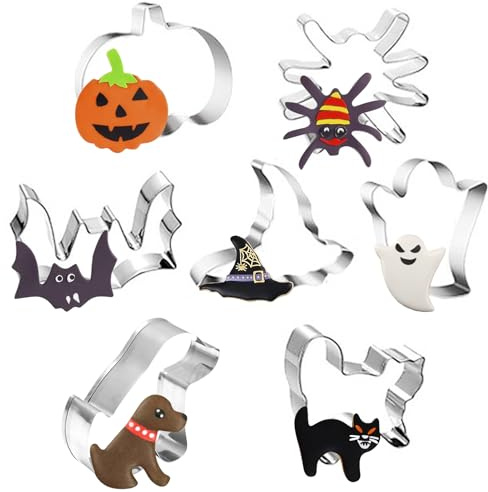 7 Piezas Moldes Galletas Halloween -Lápida Fantasma Gato Aterrador Araña Calabaza Sombrero De Bruja Cachorro para Chuches Galletas Cookies Fondant Pasteria Halloween Acero Inoxidable