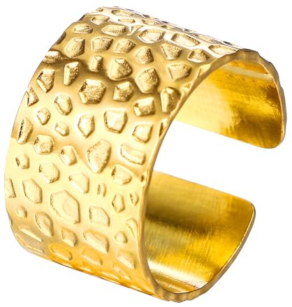 Flongo Bague large ouverte pour femme : 3 pièces Bague réglable plaquée or Bague squelette taille soleil Bague empilable avec motif éventail Acier inoxydable Surface irrégulière Bague épaisse pour