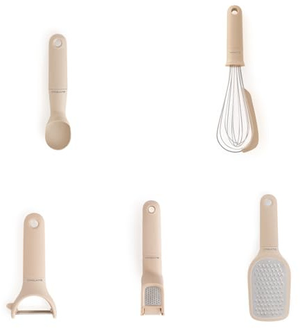 CREATE/Pack de 5 utensilios de cocina arena/Pelador de fruta y verdura, cuchara para helado, batidor de mano, rallador, prensa para ajos, apto para lavavajillas, hojas de acero inoxidable