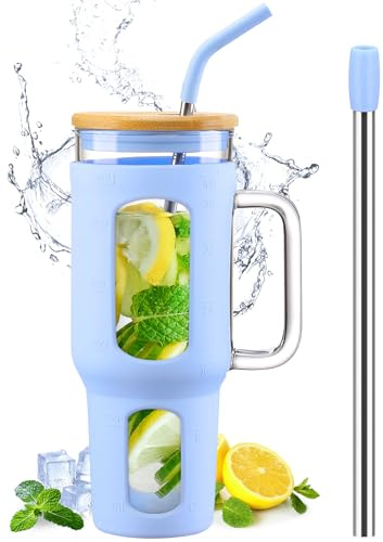 BLUEGO Glass Tumbler with Lid and Straw, 1400ml Iced Coffee Cup with Handle, Water Bottles with Silicone Sleeve, 1.4L Juice Cup with 2 Straws, BPA Free, Light Blue