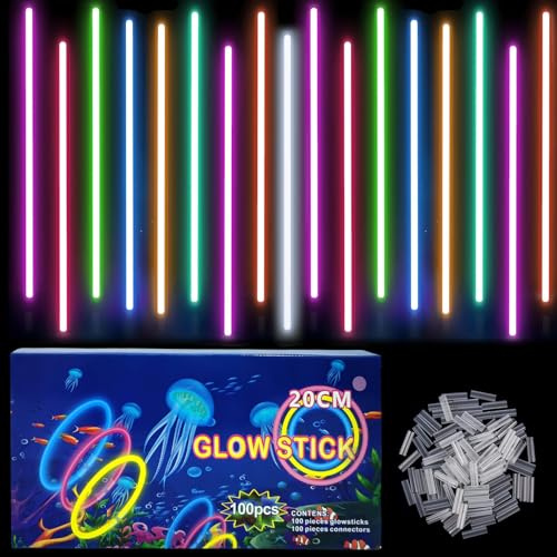 COSORO 100Pcs Multicolour Glow Sticks Party Packs for Glow in the Dark Party Supplies,Children Glow Stick Necklaces Bracelets,20cm Glowsticks Bulk for Kids Adults Halloween Christmas Party Bag Fillers