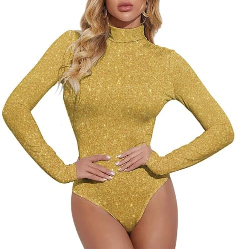 VOSERY Body de manga larga para mujer, color dorado brillante, cuello alto, para control de abdomen, Negro , S