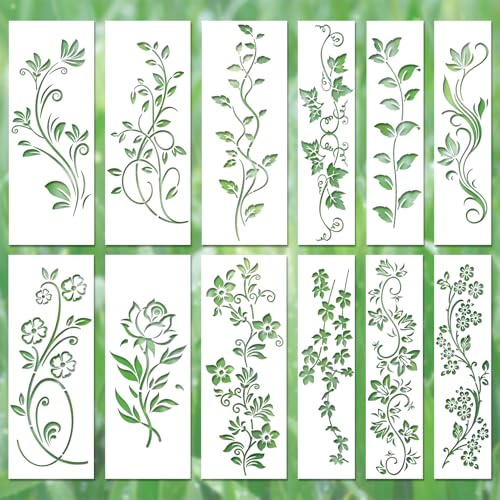 Lot de 12 pochoirs réutilisables feuille de vigne, feuilles et fleurs - Pochoir floral pour peinture sur murs, loisirs créatifs, toile, décoration intérieure