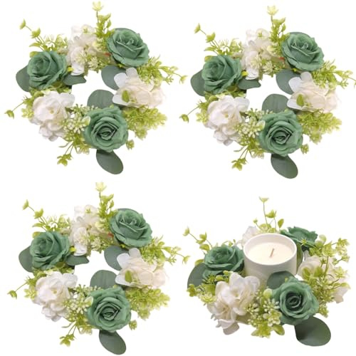 Huilimei 4 Stück Kerzenringe, Kränze, künstliche Hortensienkranz, Kerzen, Kränze für Säulen, Weihnachten, Hochzeit, Zuhause, Tischdekoration, Grün