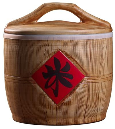 Ceramic Rice Container, Chinese Jar Ceramic Decorative, Grain Dispenser Food Storage Jars, Kitchen & Pantry Organization for Rice, Soybeans, Corn, Flour, Oatmeal(Wood 2,32.5 * 33.7cm/13 * 13.5in)