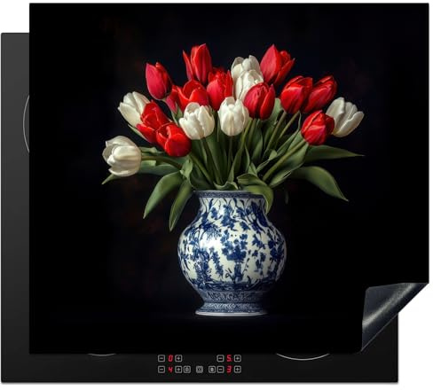 KitchenYeah© Herdabdeckplatte 60x52 cm Einteilig Induktionsmatte Küche Abdeckung Ceranfeld Herd Abdeckplatte Deko Vinyl Matte Aufrollbar Rot - Blumen - Tulpen - Vase