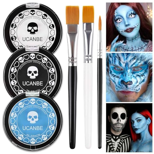 UCANBE Halloween Base Maquillaje (Blanco+Negro+Azul Claro) con 3 Pinceles, Segura y No Tóxica, Pintura Facial para Teatro, Carnaval, Escenario y Cine