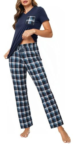 Crewhpo Ensemble Pyjama Femme Col V T-Shirt Manches Courtes Style Sport | Tissu Doux et Respirant, Haut Col V à Manches Courtes, Pantalon Long à Carreaux, Pour Maison et Mi-Saison, pour le Quotidien