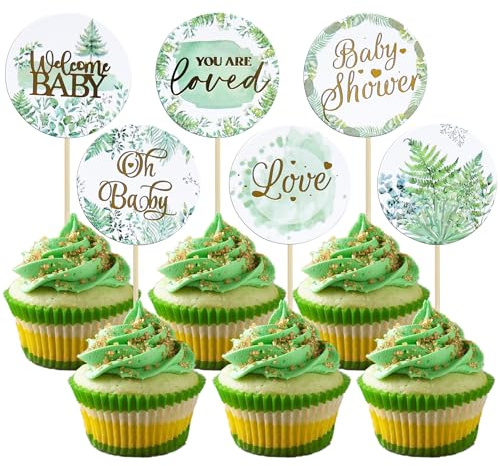 Ephlyn 36Pcs Baby Shower Cupcake Toppers Woodland Jungle Leaf Love Welcome Baby Cupcake Picks Oh Baby Cake Decorations for Gender Reveal Baby Shower Theme Kids Boys Girls Birthday Party Supplies Green