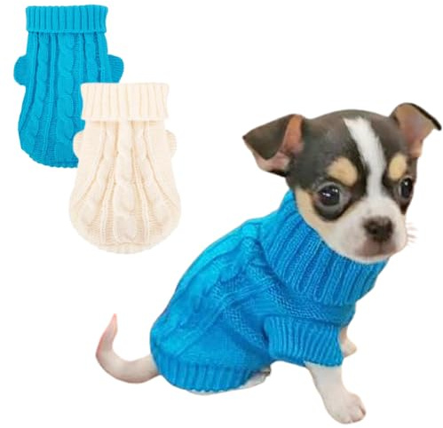 JAAQUCD 2 Pack XXS Dog Clothes Turtleneck Knitted Puppy Sweater for Small Dogs Boy Fall Winter Chihuahua Yorkie Teacup Clothing Warm Kitten Cat Knitwear (Blue+White, XS-6)