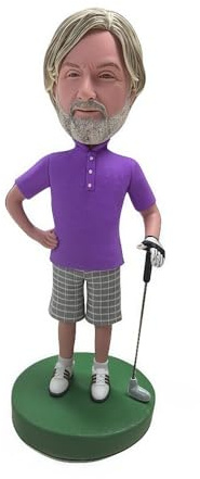 Figura deportiva personalizada para hombre, hecha a partir de tu foto, golfista en camisa morada, regalo de arcilla hecha a mano para el día del padre, golf, oficina, decoración del hogar
