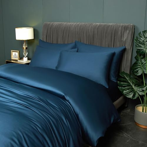 DXHOME Bambus Sommerbettwäsche 155x220cm Dunkelblau Blau Uni 100% Natürlichem Bambus Luxus Lyocell Glänzend Atmungsaktiv Kühle Doppelbett Bettbezug mit Reißverschluss und 2 Kissenbezüge 80x80cm