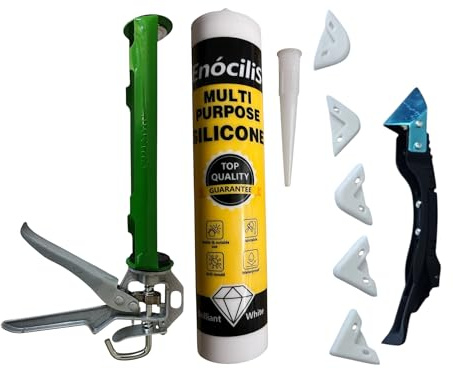 EnòciliS Heavy Duty Caulking Gun + 1 EnòciliS Silicone Sealant + Caulking Tool + Packing in Professional Box, 310ml Capacity, Aluminium Handle, Professional Sealant Applicator
