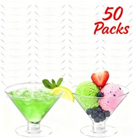 Meolibour 50 Pcs Disposable Plastic Martini Glasses for Parties 5oz, Unbreakable Clear Cocktail Dessert Parfait Glasses, Mini Martini Cups for Wedding Party Bowl Wine Ice Cream