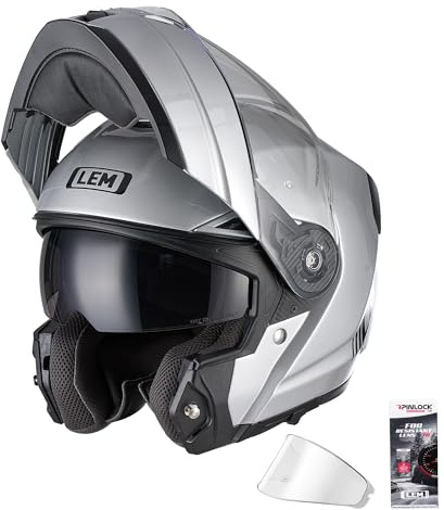 LEM Modular Motorcycle Helmets Fiberglass, Full Face Motorcycle Helmet Flip Up for Touring, DOT Certified, Release Sun Visor & Removable Comfort Liner, Lightweight Street Bike Helmet (Silver, L)