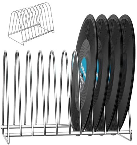 Skivorganisator – albumdisplay i rostfritt stål med öppen platslayout, vertikalt skivhållare, filklassificerare med triangulär struktur, avdelare för böcker