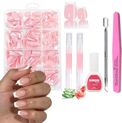 240Stück Rosa Französisches Kurzes Ballett-Premo-Nagel-Set | Langanhaltendes & Natürliches French-Kunstnägel-Set,12Größen Set mit Kleber,Feile,Schieber und 2 Nagelseren | Maniküre-Set in Salonqualität