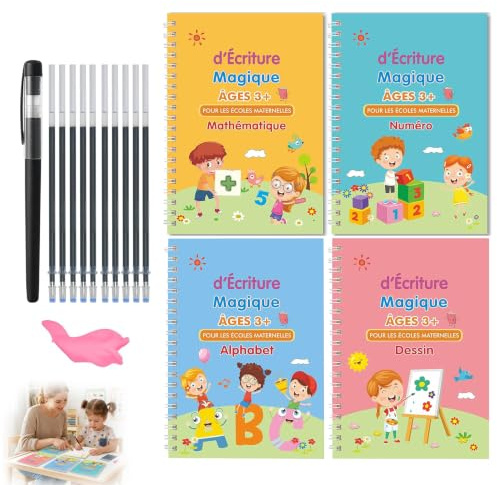 XINML Cahier Ecriture Maternelle Calligraphie Magique 4 Livres Réutilisable Rainuré Enfant Stylo 10 Recharges Guide Doigts Dessin Alphabet Chiffres Mathématiques Apprentissage CP Vacances