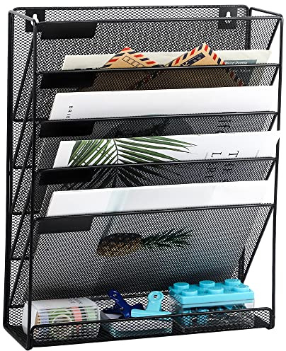 EASEPRES Desk File Organizer Mesh 6-Tier, Hanging Wall Mount Document Organization Stand, Desktop Vertical Mail Paper Folder Holder Rack with Bottom Tray for Office Home Cubicle Countertop, Black