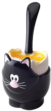 Joie Cat Egg Cup and Spoon – Fun & Whimsical Soft-Boiled Egg Holder, BPA-Free, Assorted Black or White